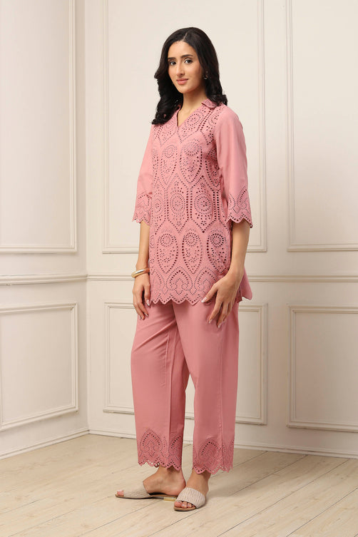 Dusky Pink Cotton Schiffli Straight Suit Set