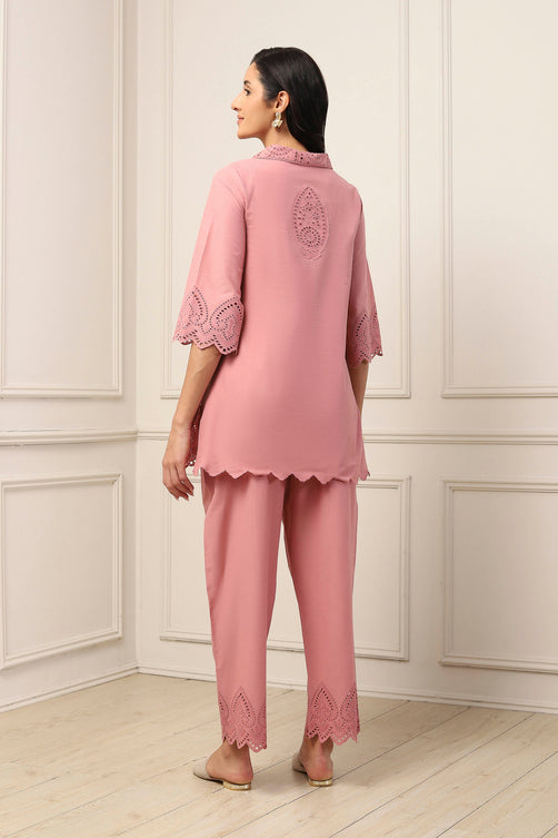 Dusky Pink Cotton Schiffli Straight Suit Set