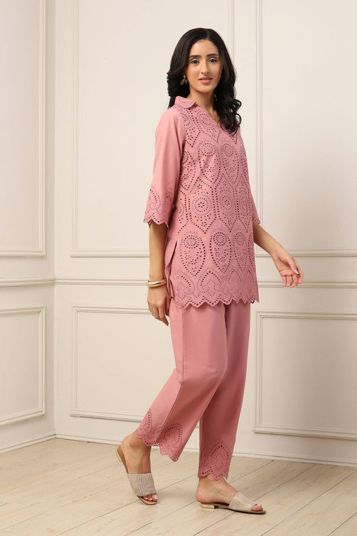 Dusky Pink Cotton Schiffli Straight Suit Set