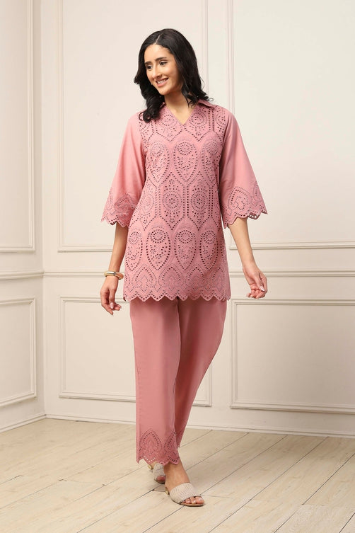 Dusky Pink Cotton Schiffli Straight Suit Set