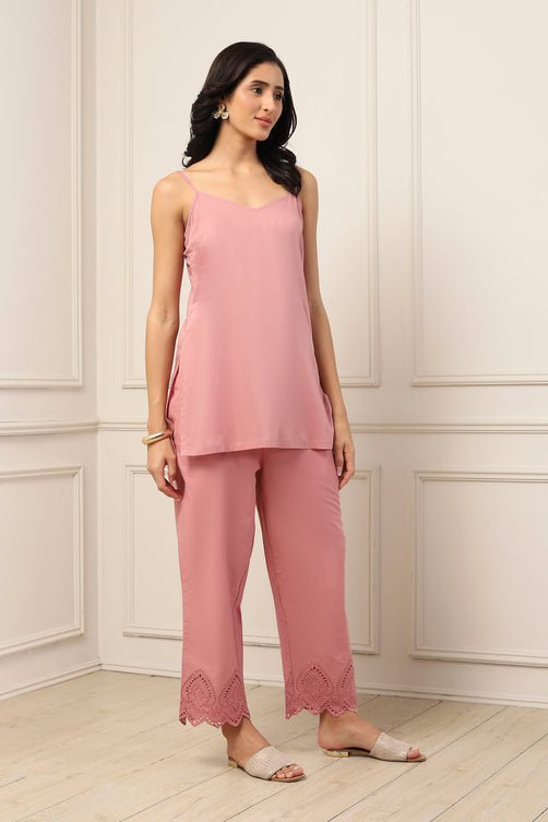 Dusky Pink Cotton Schiffli Straight Suit Set
