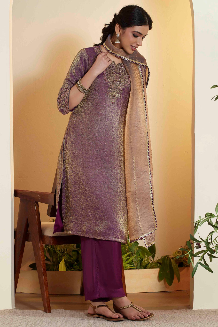 Purple & Gold Shimmer Embroidered Kurta Set