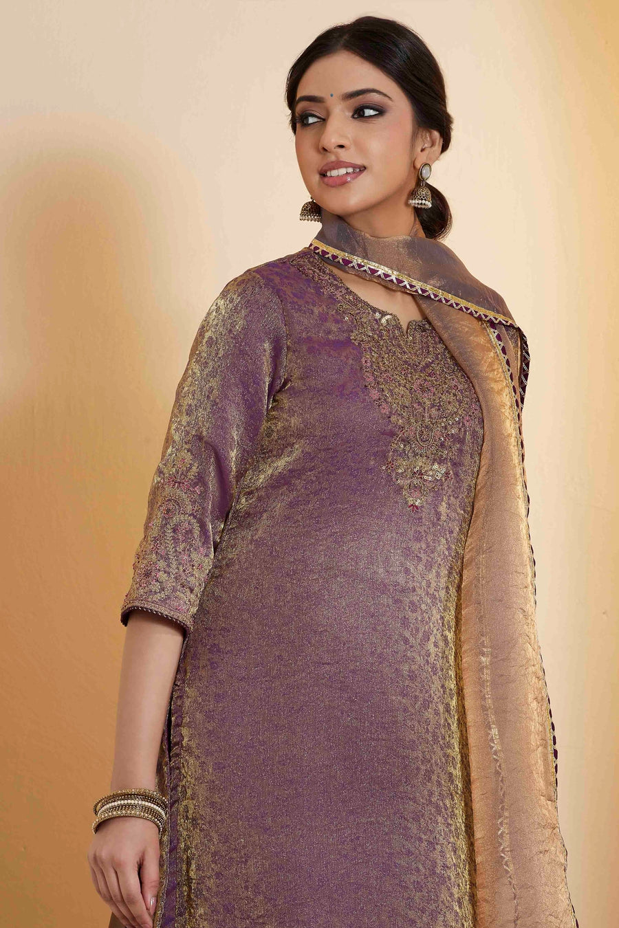 Purple & Gold Shimmer Embroidered Kurta Set – view 2