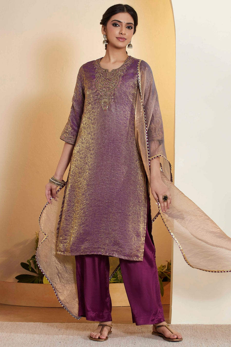 Purple & Gold Shimmer Embroidered Kurta Set – view 3