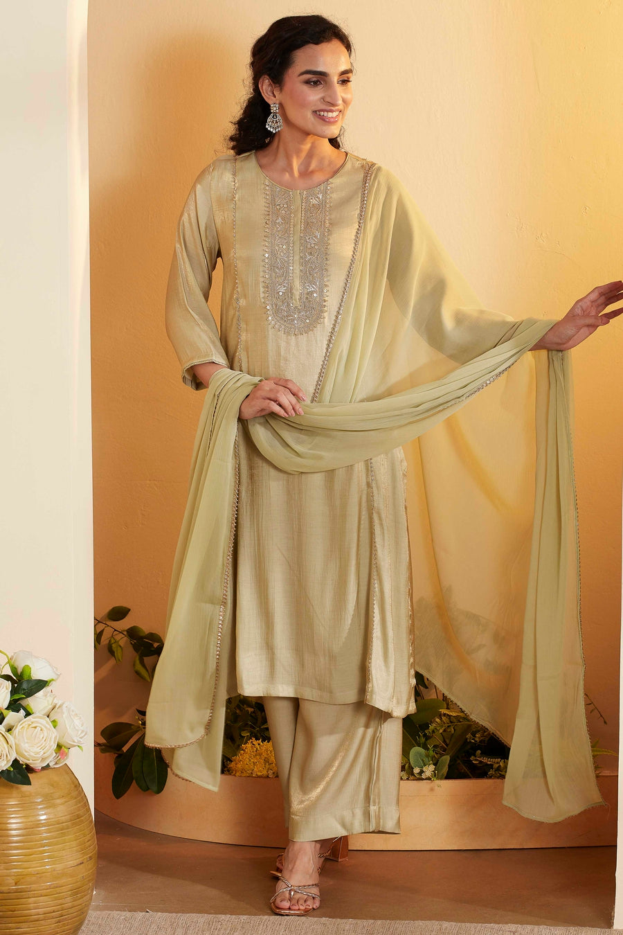 Pista Green Viscose Blend Yoke Design Straight Kurta Set