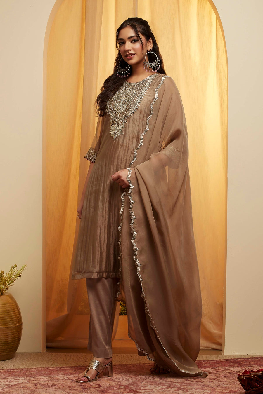 Beige Embroidered Viscose Metallic Kurta Set