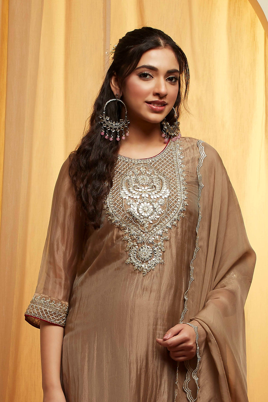 Beige Embroidered Viscose Metallic Kurta Set