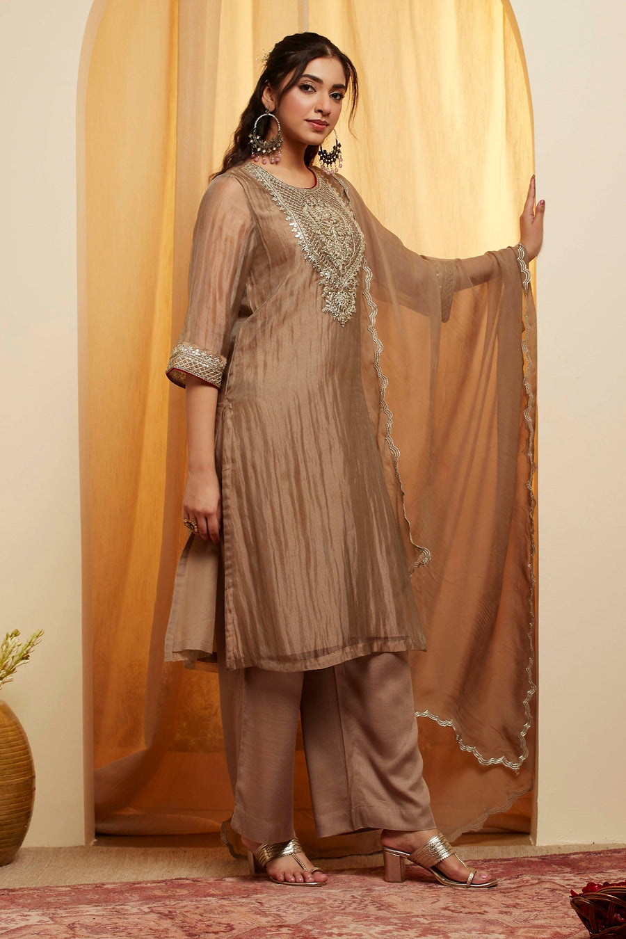 Beige Embroidered Viscose Metallic Kurta Set