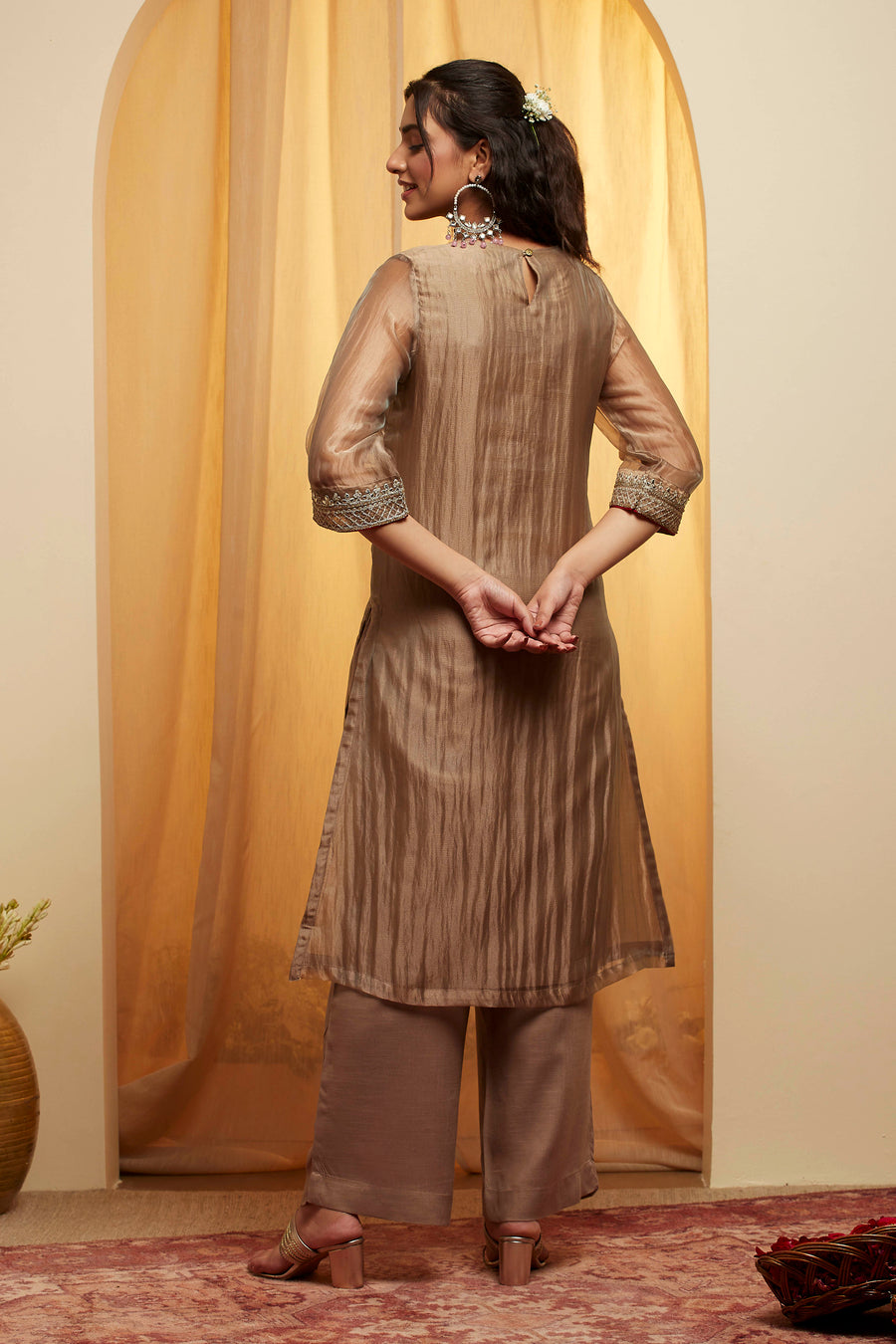 Beige Embroidered Viscose Metallic Kurta Set