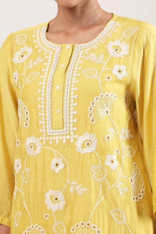 Lime Yellow Schiffli Embroidered Straight Suit Set