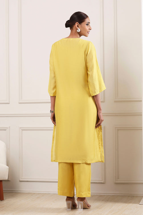 Lime Yellow Schiffli Embroidered Straight Suit Set