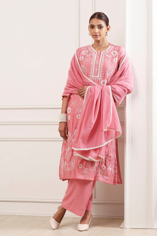 Pink Schiffli Embroidery Straight Suit Set