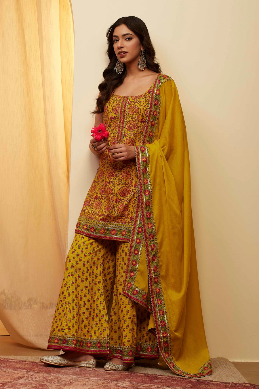 Lime Printed Straight Cotton Sharara Kurta Set