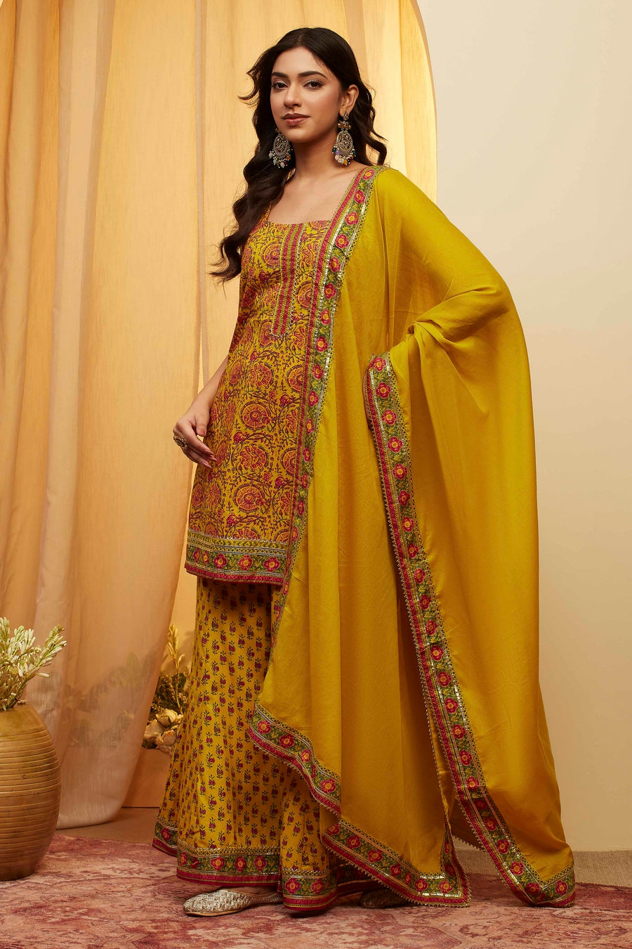 Lime Printed Straight Cotton Sharara Kurta Set