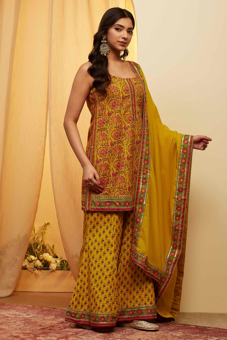 Lime Printed Straight Cotton Sharara Kurta Set