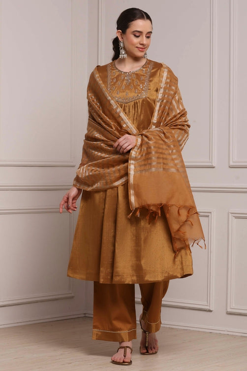 Copper Gold Cotton Tissue Embroidered Gathered Suit Set