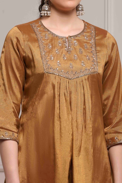 Copper Gold Cotton Tissue Embroidered Gathered Suit Set