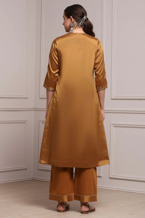 Copper Gold Cotton Tissue Embroidered Gathered Suit Set