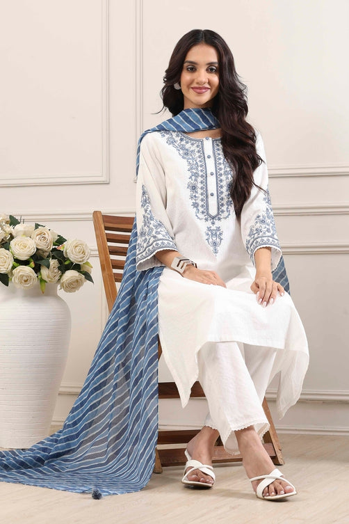 White & Indigo Cotton Hand-Embroidered Straight Suit Set