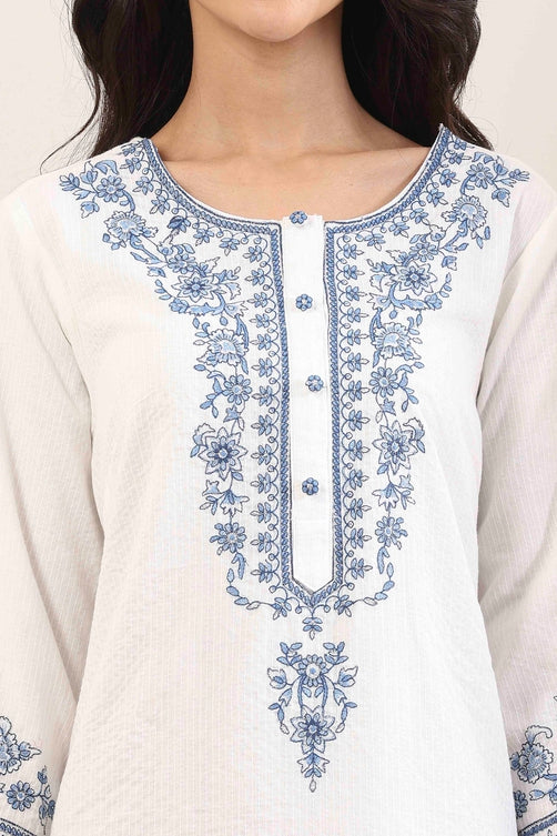 White & Indigo Cotton Hand-Embroidered Straight Suit Set