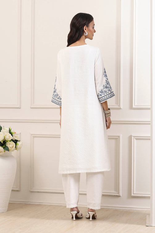 White & Indigo Cotton Hand-Embroidered Straight Suit Set