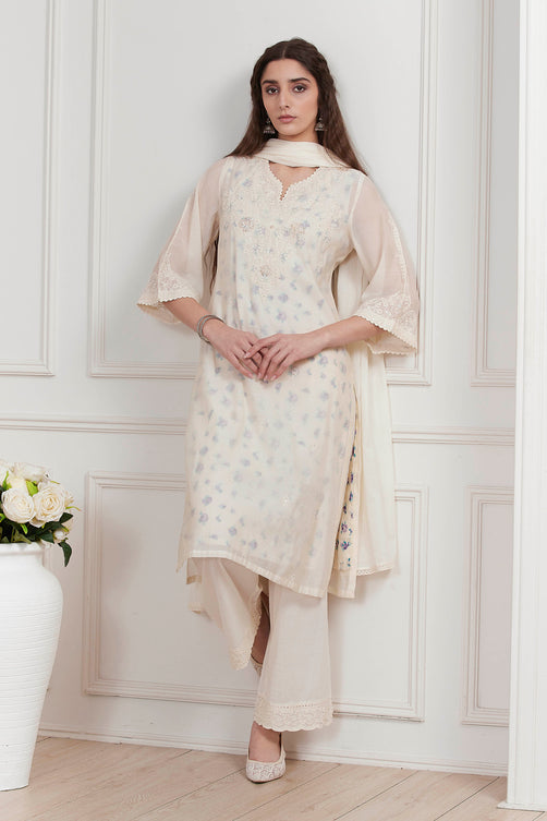 Ivory chanderi embroidered straight suit set by BIBA, image 1 of 4