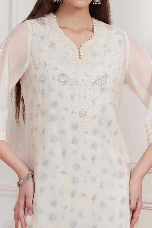 Ivory chanderi embroidered straight suit set by BIBA, image 2 of 4