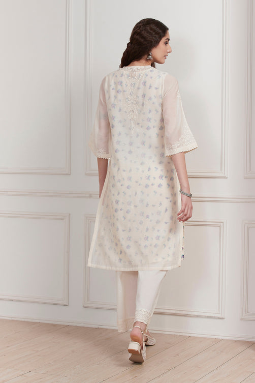 Ivory chanderi embroidered straight suit set by BIBA, image 3 of 4
