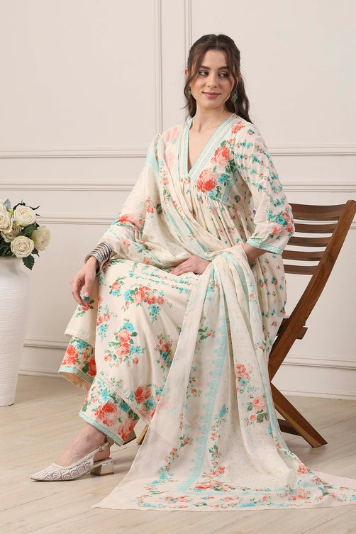 White Cotton Floral Suit Set