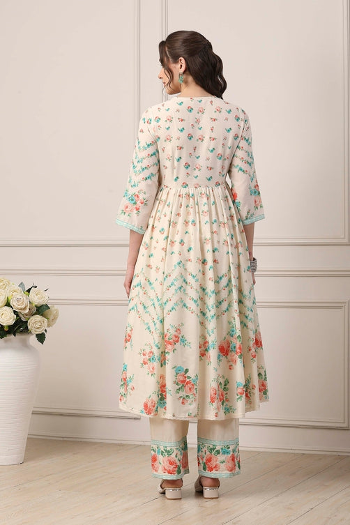 White Cotton Floral Suit Set