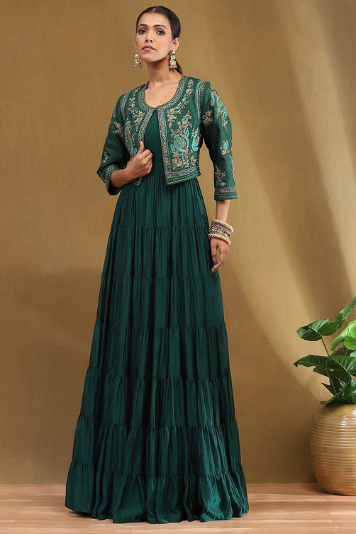Emerald Green Silk Festive Tiered Anarkali Dress