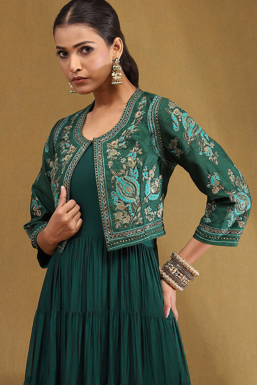 Emerald Green Silk Festive Tiered Anarkali Dress