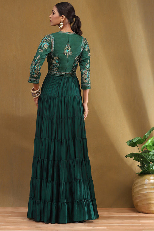 Emerald Green Silk Festive Tiered Anarkali Dress