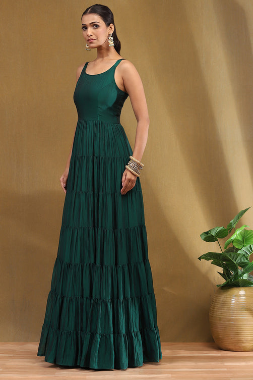 Emerald Green Silk Festive Tiered Anarkali Dress