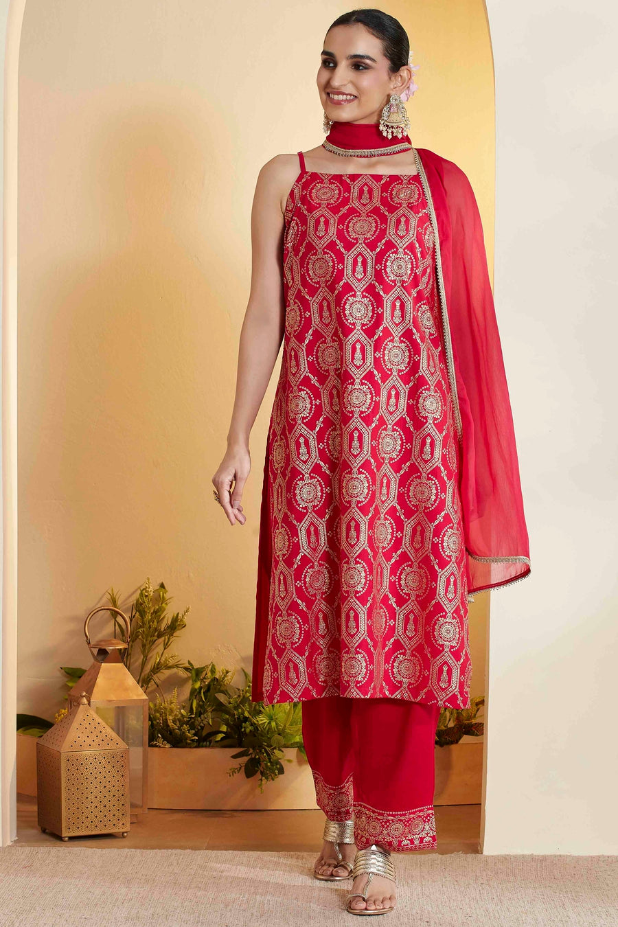 Red & Gold Embellished Kurta Set