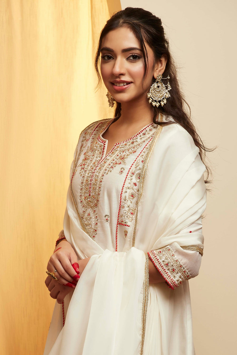 Off-White Embroidered Polyester Kurta Set