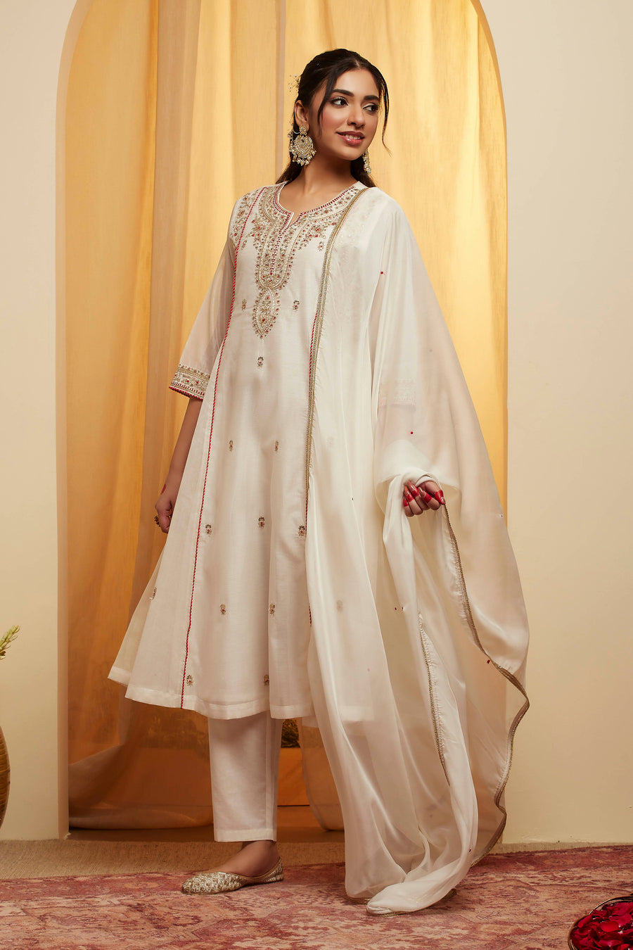 Off-White Embroidered Polyester Kurta Set