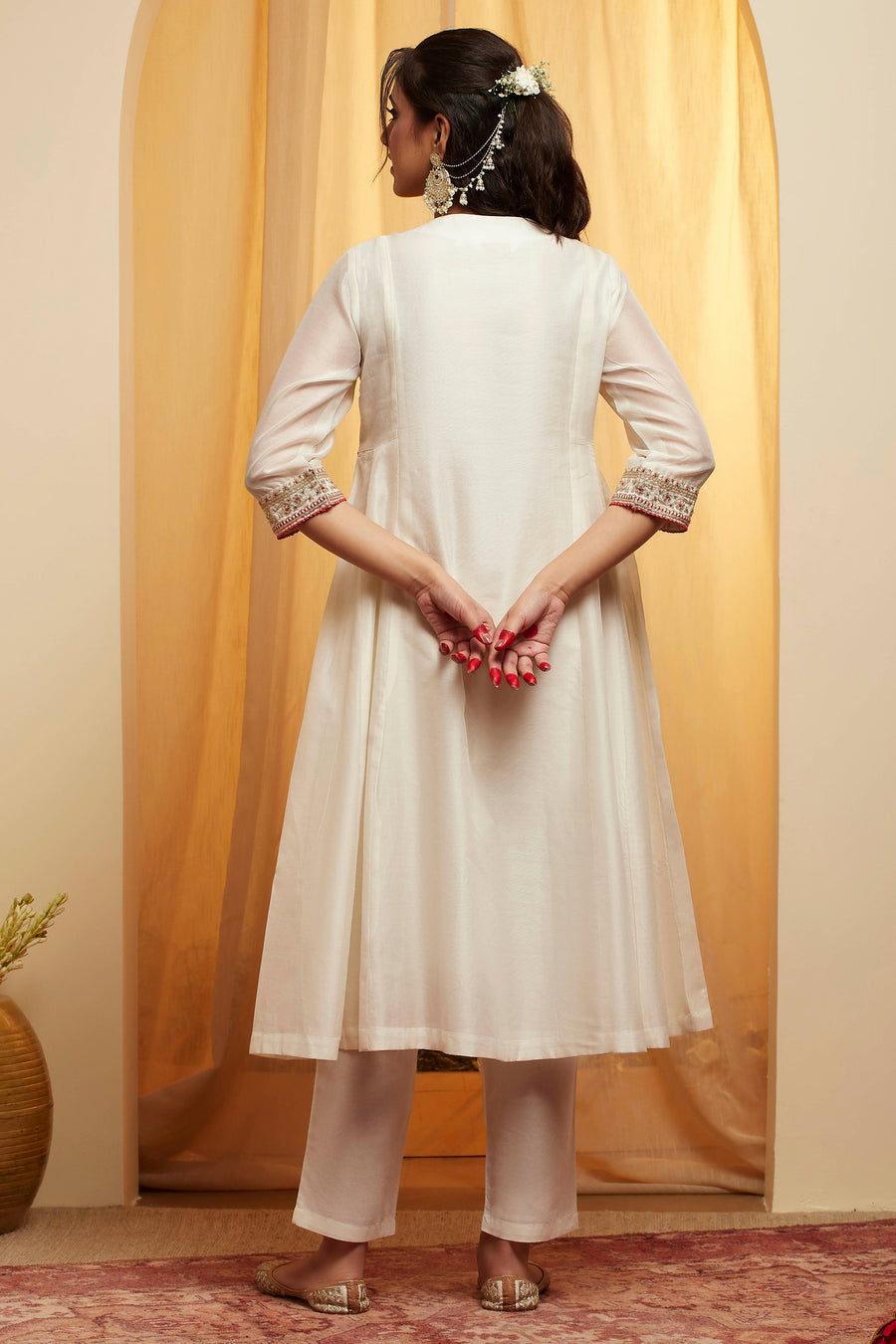 Off-White Embroidered Polyester Kurta Set