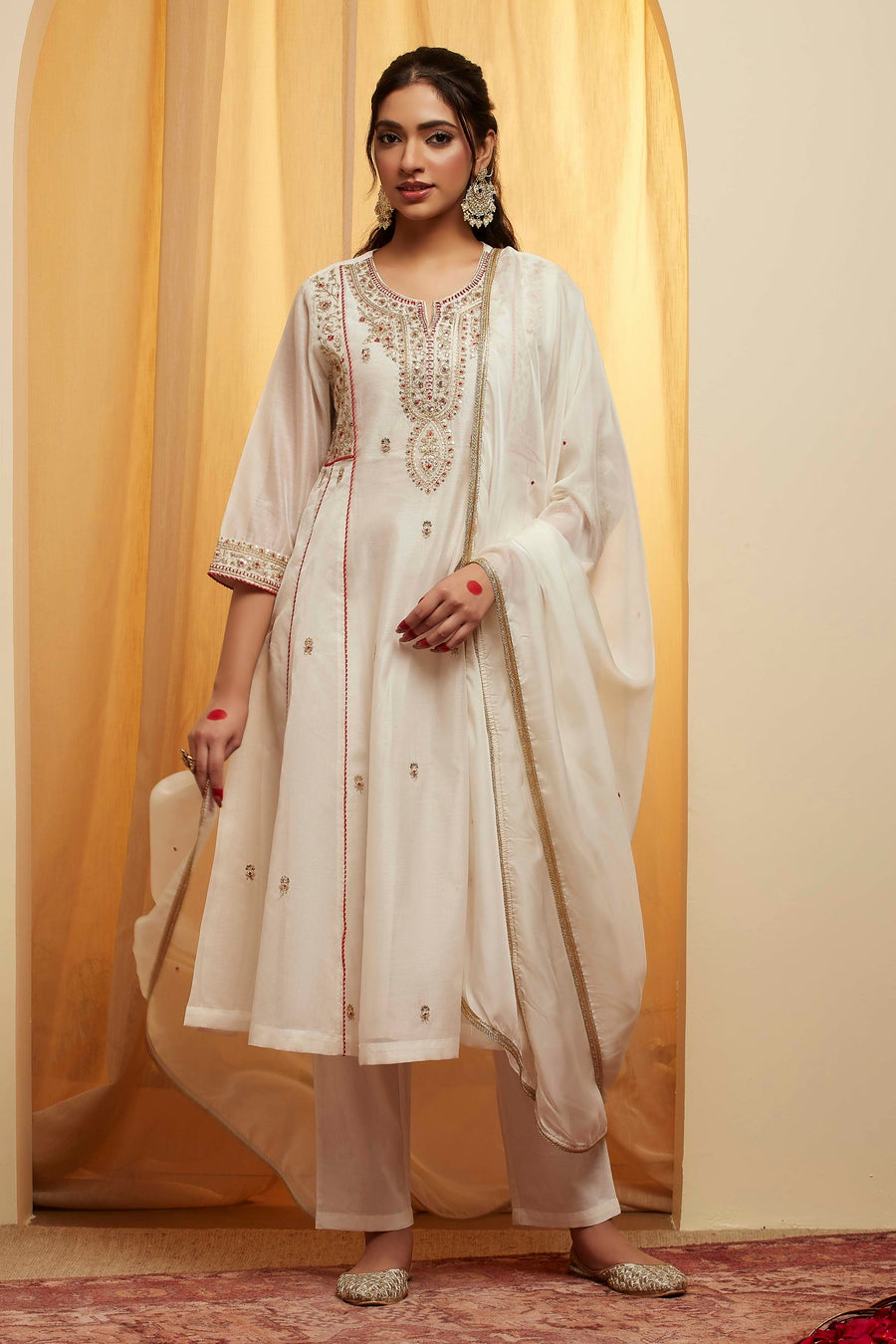 Off-White Embroidered Polyester Kurta Set