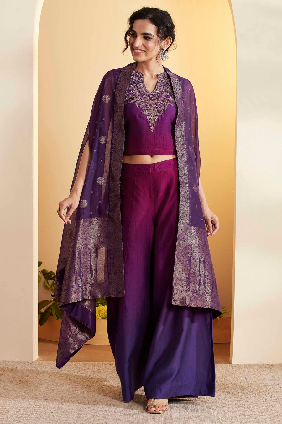Purple Embroidered Crop Top, Palazzo & Cape Set