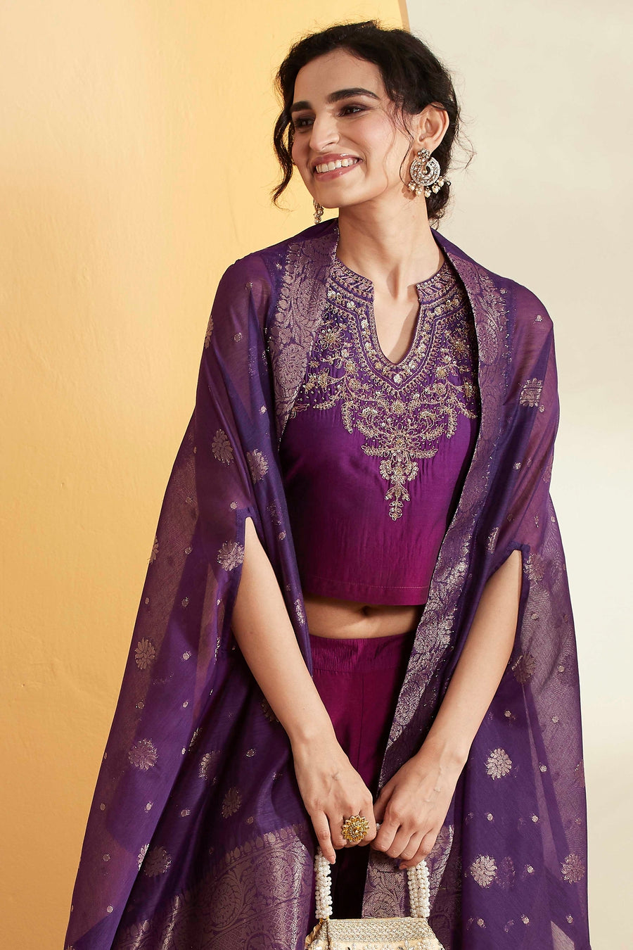 Purple Embroidered Crop Top, Palazzo & Cape Set – view 2