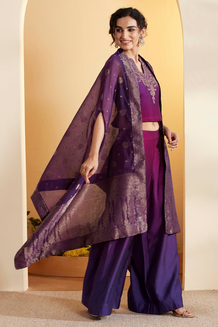 Purple Embroidered Crop Top, Palazzo & Cape Set – view 5