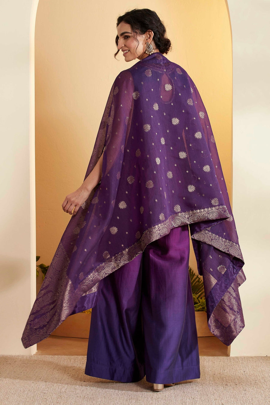 Purple Embroidered Crop Top, Palazzo & Cape Set – view 4