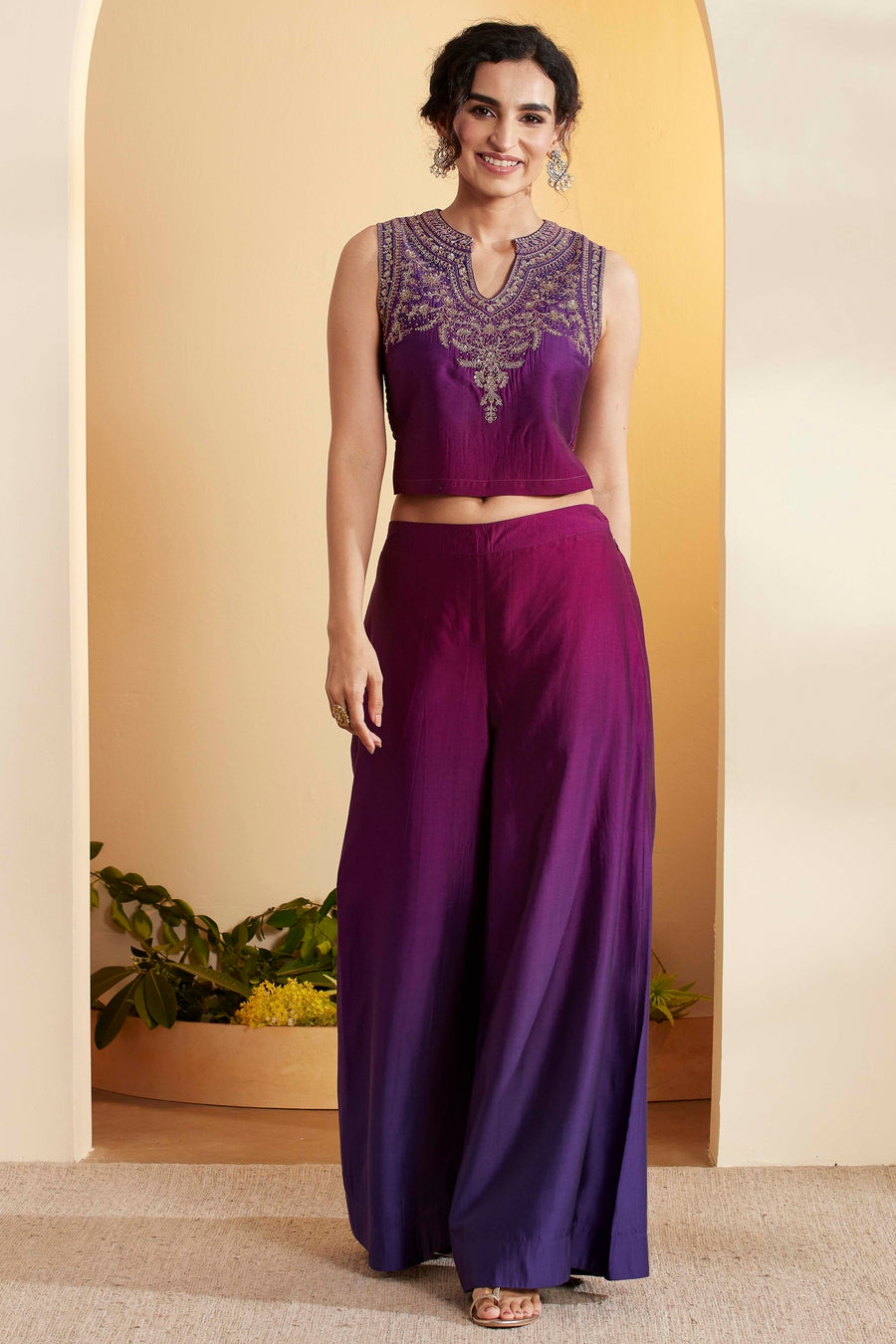 Purple Embroidered Crop Top, Palazzo & Cape Set – view 3