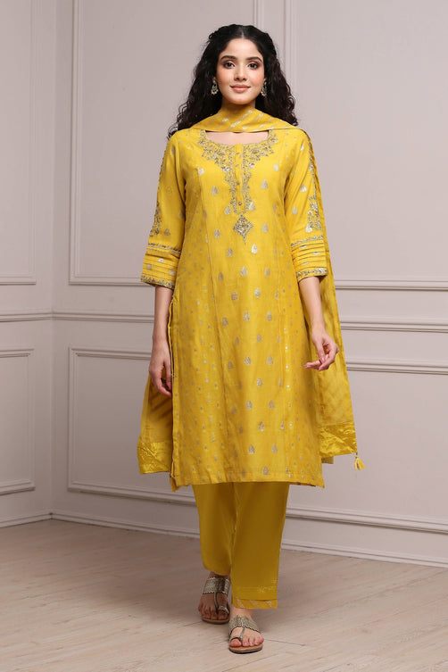 Lime Cotton Blend Printed Straight Suit Set