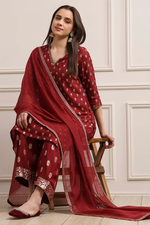 Viscose Dupion Printed Straight Suit Set