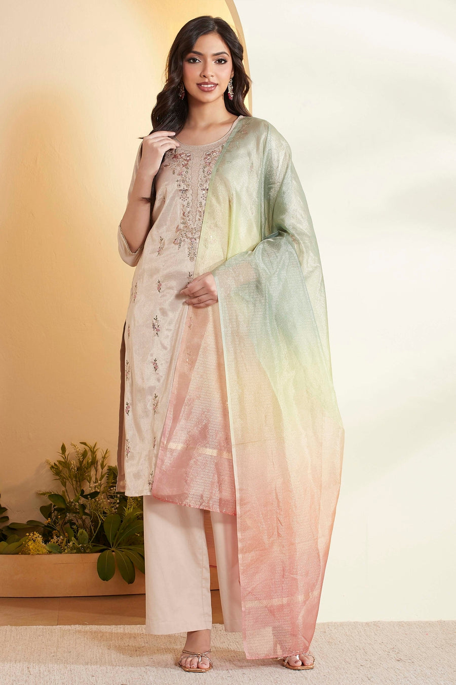 Off-White Floral Embroidered Kurta Set with Pastel Dupatta