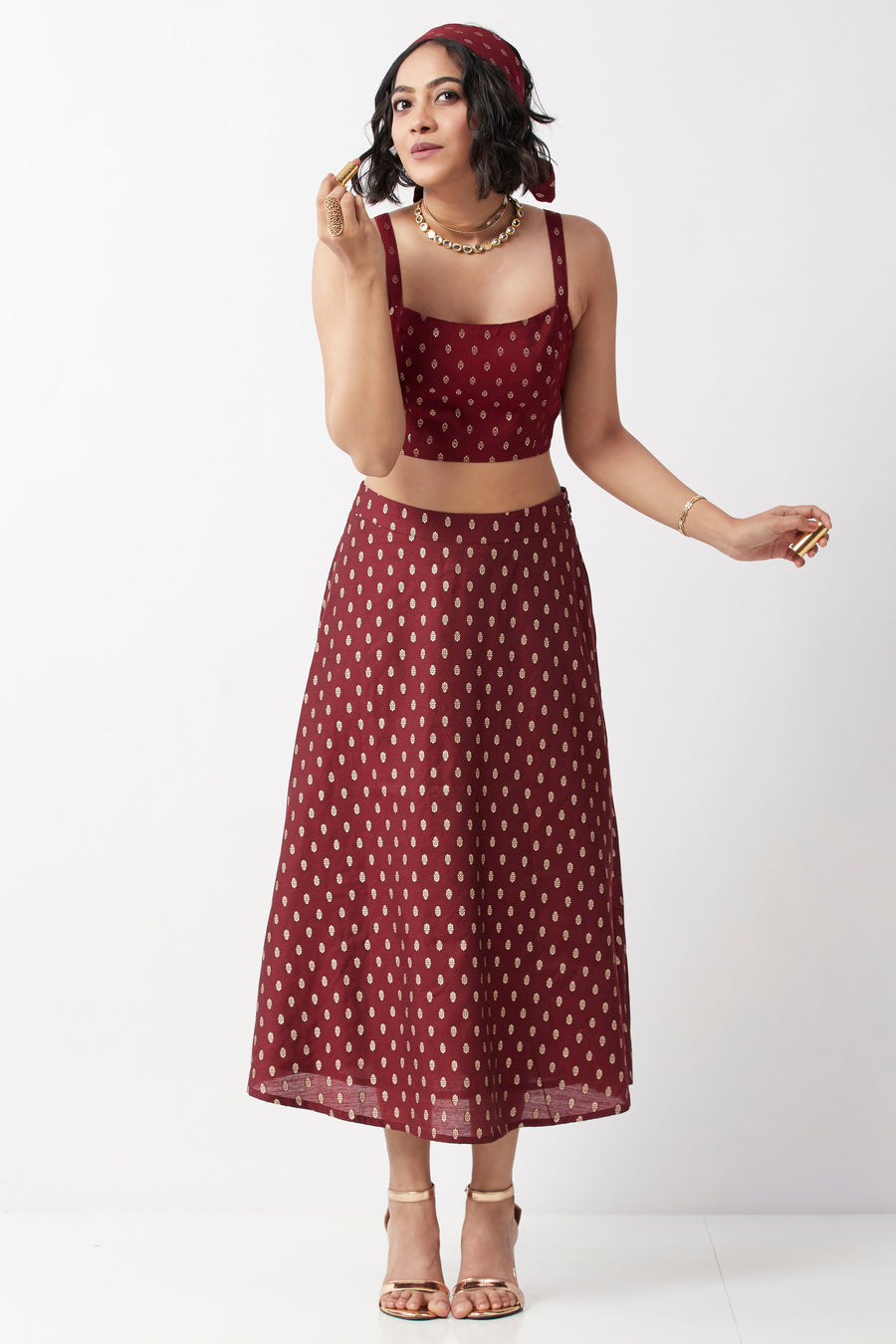 Maroon Motif Print Flared Skirt by BIBA USA