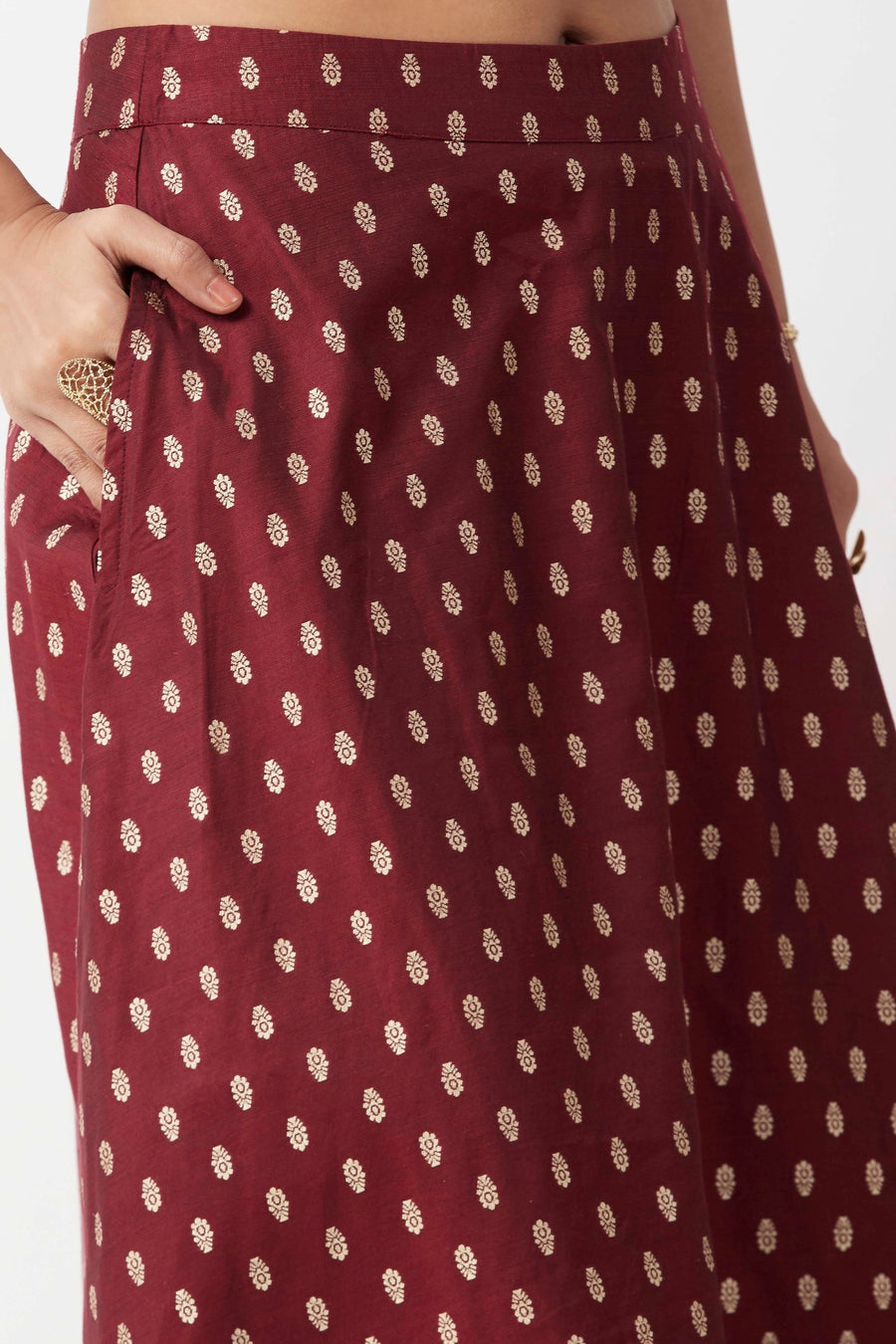 Maroon Motif Print Flared Skirt by BIBA USA, view 2