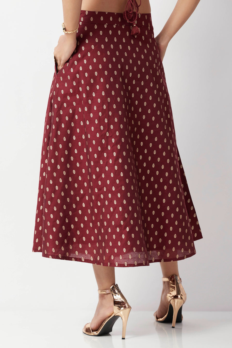Maroon Motif Print Flared Skirt by BIBA USA, view 3